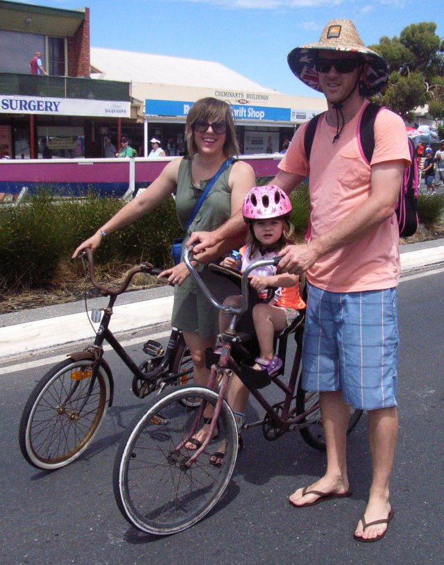 Corin, Simon & child (she's the one seated on the Wee-Ride). The small-wheeler belonged to Corin's father. The large wheeler is an ancient Malvern Star. Nice people and beautiful bikes! 